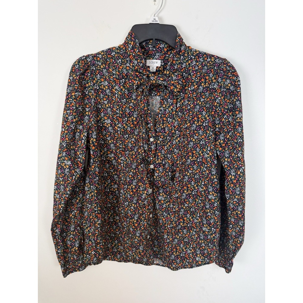 J. Crew Factory Black Floral Tie-Neck Blouse